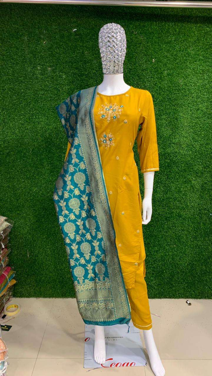 BEMITEX INDIA PRESENTS SILK FABRIC WITH TOP EMBROIDERY BASED READYMADE 3 PIECE SUIT COLLECTION WHOLESALE SHOP IN SURAT